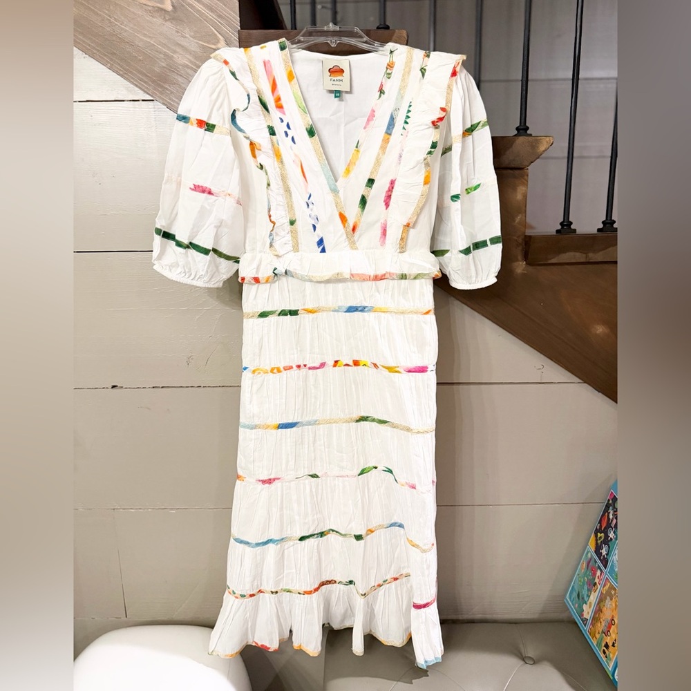 FARM Rio Women’s White Cotton Ruffle Midi Dress Multicolor Ribbon Trim XS NWOT